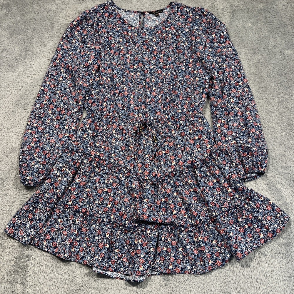 City Triangles Floral Tiered Mini Dress Drawstring Navy Blue Womens‎ XXL